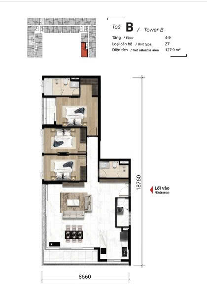 Layout căn 3 phòng ngủ The TEN